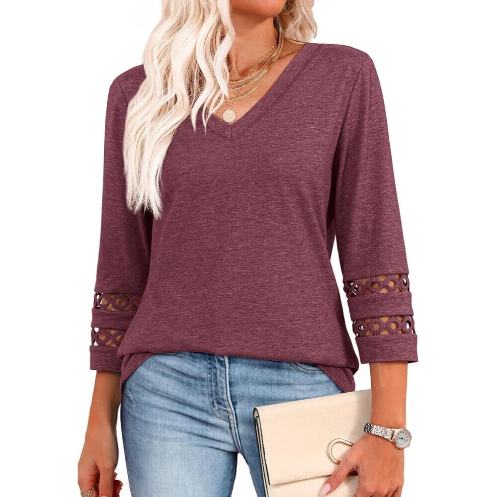 Womens Purple Dressy Casual Polyester Blouses Trendy V Neck T Shirts Summer Tops